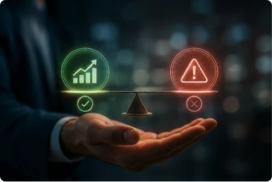 Evaluación estratégica de oportunidades, beneficios y riesgos antes de una inversión o lanzamiento